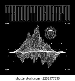 Afiche cuadrado con montañas de mallas 3D. Impresión abstracta con ruido, para ropa de calle, imprimir para camisetas y sudaderas con fondo negro