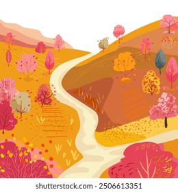 Square poster with an autumn landscape. Winding road. Hill with fields and a garden. Hand drawn vector illustration. Red and orange trees near the road. Harvesting. Textured flat illustration. Printin