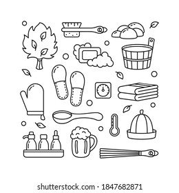 Afiche cuadrado para la temática del baño, sauna o banya rusa. Plantilla gráfica para etiqueta, impresión de bolsos, banner. Ilustración de contorno negro de accesorios y herramientas de spa. Conjunto de iconos vectoriales aislados, fondo blanco