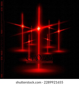 Square poster with blurred red crosses. Abstract print for streetwear, for a jacket, t-shirt or sweatshirt. Isolated on black background