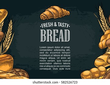 Square Poster With Bread. Isolated On The Dark Background. Vector Color Hand Drawn Vintage Engraving Illustration For Label And Menu Bakery Shop.