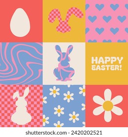 Square Poster or card for Happy Easter. Groovy egg , bunny silhouettes in retro cartoon style of 60s 70s on different backgrounds. Simple Flat vector illustration.