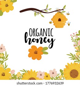 Square poster and card template with text, beehive, flower border. Vector illustration