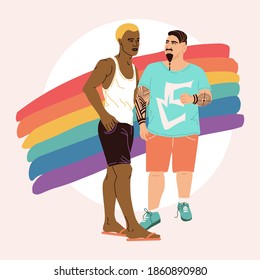 A square poster with a couple of homosexuals in front of the flag of the LGBT community. Gay couple African American and white hipster with tattoo on arm. Lgbt communities poster concept. Men in love