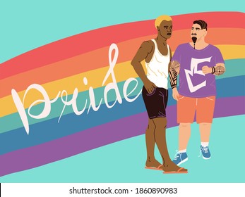 Afiche cuadrado con un par de homosexuales frente a la bandera de la comunidad LGBT. Pareja gay afroamericana y hipster blanco con tatuaje en el brazo. Concepto de afiches de comunidades lgbt. Hombres enamorados