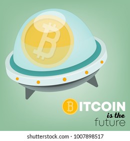 Square Poster of Cryptocurrency Technology - Bitcoin Exchange, Bitcoin Mining, Mobile Wallet. Flying Saucer. Vector Illustration.