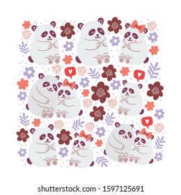 Square poster with cute pandas couples in love with flowers, speech bubble with love emoji, polka dots isolated on white background. Square poster design with cute animals. Valentines day postcard
