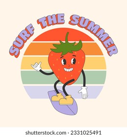 Afiche cuadrado con un bonito personaje de fresa en un estilo groovy y2k. Surf El verano, texto y caricatura del personaje de montar en tablas de surf. Ilustración del vector