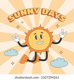 Square poster with cute sun character in y2k groovy style. Sunny Days text and cartoon character in trendy retro style. Vector illustration