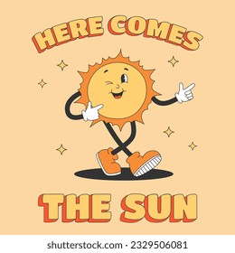 Square poster with cute sun character in y2k groovy style. Here Comes The Sun text and cartoon character in trendy retro style. Vector illustration