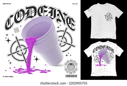 Square poster with double cup. Realistic t-shirt print with codeine syrup dripping from a cup. Isolated on white background svg