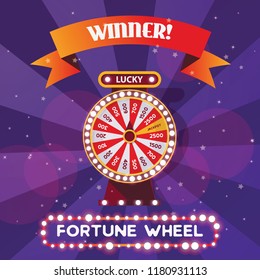 Square Poster Or Flyer For Fortune Wheel Winner. Purple Background For Modern Bet Money Roulette Game. Vector Illustration