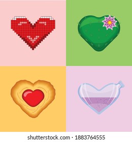 Square poster of four hearts - pixel, cactus, cookie and flask