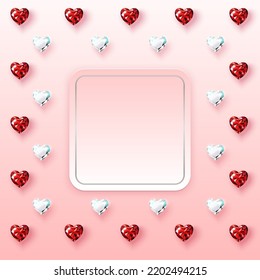 Marco cuadrado de afiches con rubíes y diamantes rojos realistas. Gemas en forma de corazón. Felicitaciones por el Día de San Valentín, el día de la mujer, ilustración de la boda. Vector de fondo blanco-rosado.