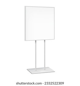 Modelación vectorial de cuadro de afiches cuadrados. Pantalla de pie de piso publicitario con plantilla de base metálica. Parada del portaobjetos de rótulo blanco en blanco