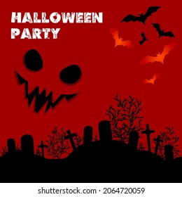 Square poster for Halloween, red and black coloring with horror elements: a scary face with sharp teeth, a cemetery, bats. Holiday invitation, postcard or banner