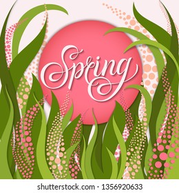 Square poster with hand drawn lettering - Spring in pink circle with ornamental floral design on light background. Design spring season - for invitation, cards, templates  - vector illustration.