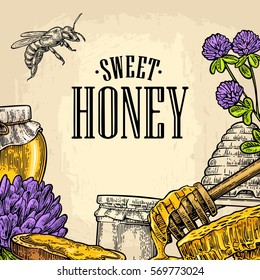 Square poster with honey, honeycomb, jar, spoon, bee. Isolated on the beige background. Vector color hand drawn vintage engraving illustration for label, menu