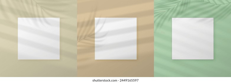 Modelo de póster cuadrado con efecto de sombra superpuesta de hojas y ventana. Fondo beige. Vector EPS 10