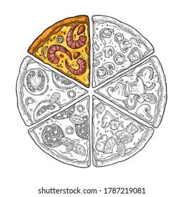 Afiche cuadrado con pizza monocroma y porción de color Pepperoni, hawaiana, margherita, mexicana, mariscos, capricciosa. Ilustración de grabado vectorial vintage. Para el menú, cuadro. Aislado sobre fondo blanco