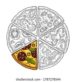 Square poster with monochrome and color slice pizza Pepperoni, Hawaiian, Margherita, Mexican, Seafood, Capricciosa. Vintage vector engraving illustration. For menu, box. Isolated on white background