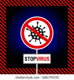 afiche cuadrado con el signo del virus de parada prohibitiva en forma de señal de tránsito contra la silueta negra de la ciudad 
