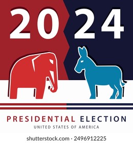 Square poster with a red elephant and a blue donkey, representing the Republican and Democratic parties for the 2024 United States Presidential Election. Banner in the colors of the American flag