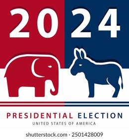 Square poster with a red elephant and a blue donkey, representing the Republican and Democratic parties for the 2024 United States Presidential Election. Banner in the colors of the American flag