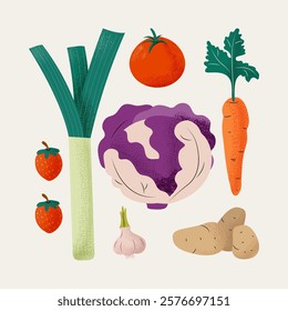 Square poster: a set of fruits and vegetables, hand-drawn. Isolated on a white background. Leek, strawberry, cabbage, carrot, potato, tomato, garlic. Vector illustration