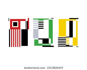 Afiche cuadrado. Conjunto de seis composiciones gráficas abstractas. Colores rojo, verde y amarillo. Diseño vanguardista de estilo gráfico. Ilustración vectorial.