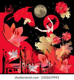 Square poster or shawl with magical pattern. Girl flamenco dancer, fairytale winged birds, unicorns, castles, flowers, autumn leaves, night sky with stars and planets in gold, red and black colors.