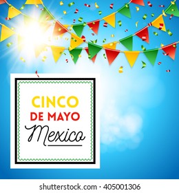 Square poster with sign and flags over text about Mexican holiday during the month of May over blue sky and sunny gradient background