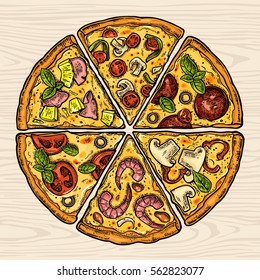 Square poster with slice pizza Pepperoni, Hawaiian, Margherita, Mexican, Seafood, Capricciosa. Vintage vector color engraving illustration. For menu, box. Isolated on wood seamless pattern background