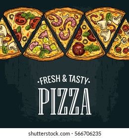 Square poster with slice pizza Pepperoni, Hawaiian, Margherita, Mexican, Seafood, Capricciosa. Vintage vector colorful engraving illustration. For menu, box. Isolated on dark background