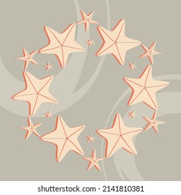 Square poster with starfish in a circle, modern cartoon style, beachy mood, bright colors, suitable for social media.