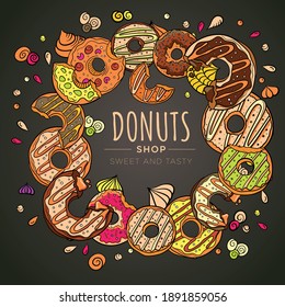 afiche cuadrado con donuts dulces sobre un fondo oscuro