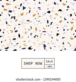Square poster template with terrazzo texture in blue, yellow, pastel pink and cream. Trendy and stylish sale brochure, social media post, magazine cover, packaging and branding.