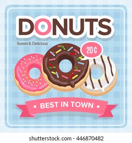 Square poster with three cartoon chocolate donuts on a blue background. Vector illustration