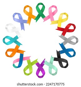 Square poster for World Cancer Day. February 4th. A lot of ribbons of different colors are isolated on a white background. Vector flat illustration.