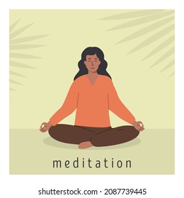 Square poster with young african female meditating and doing yoga breathing exercise. Woman practicing Pranayama. Card with capture Meditation with palm leaves on background. Flat vector illustration.