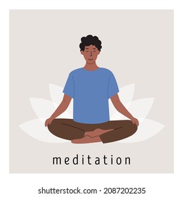 Afiche cuadrado con jóvenes africanos meditando sobre la flor de loto y haciendo ejercicio respiratorio de yoga. Hombre practicando Pranayama. Tarjeta con Meditación de captura. Ilustración vectorial de estilo plano.