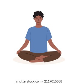 Square poster with young african male meditating and doing yoga breathing exercise. Man practicing Pranayama. Card with capture Meditation with palm leaves on background. Flat vector illustration.