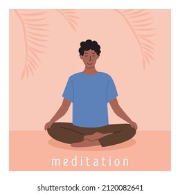 Square poster with young african male meditating and doing yoga breathing exercise. Man practicing Pranayama. Card with capture Meditation with palm leaves on background. Flat vector illustration.