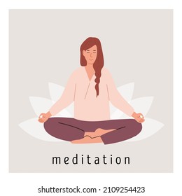 Square poster with young female meditating on lotus flower and doing yoga breathing exercise. Woman practicing Pranayama. Card with capture Meditation. Flat style vector illustration.