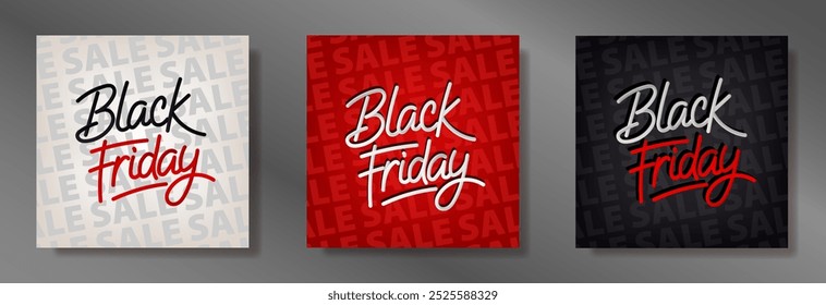 Cartazes quadrados com negrito "Black Friday" texto destaca-se com uma fonte elegante em preto, vermelho e branco fundo com palavras VENDAS sutis e repetitivas. Banners com desconto oferta especial para compras