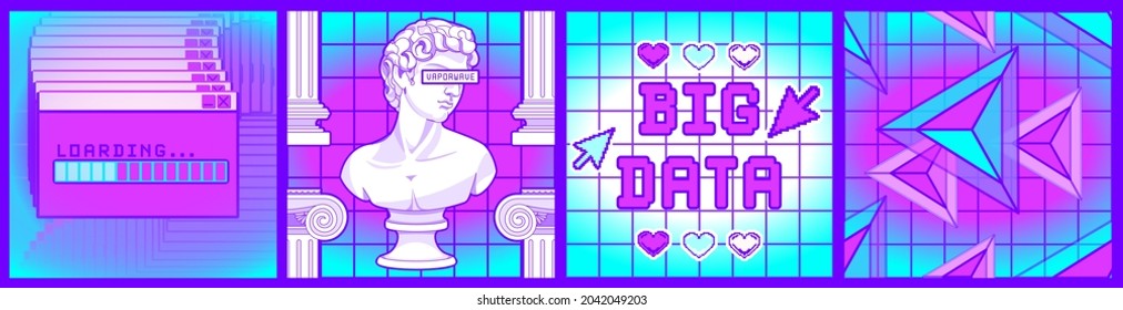 Square posters and seamless pattern for social media background. Trendy vaporwave style collages. templates. frames. banners, for promotion. 90's Nostalgia and old computer backgrounds.