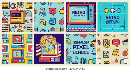 Square posters and seamless patterns set. Sticker pack of retro computer elements. Old computer aesthetic pixel window  1980s -1990s style. Cool retrowave user interface and desktop illustration.