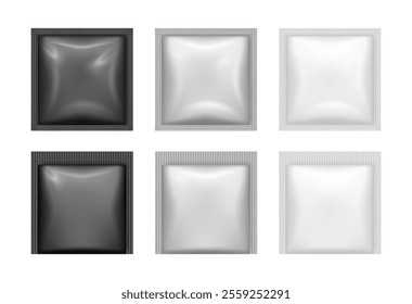 Square pouches or sachets for snacks and food. Vector isolated set of realistic containers for products. Sauces and cookies, chips or coffee, shampoo or tea. Mockup copy space template package