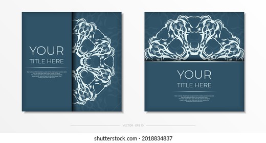 Cuadrado Prepare postales azules con lujosos patrones de luz. Plantilla para el diseño de la tarjeta de invitación imprimible con ornamento vintage.