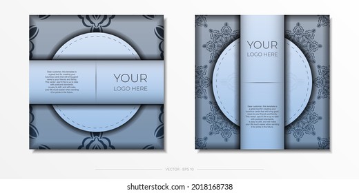 Square Preparing blue postcards with luxurious black ornaments. Vector Template for printing design invitation card with vintage patterns.